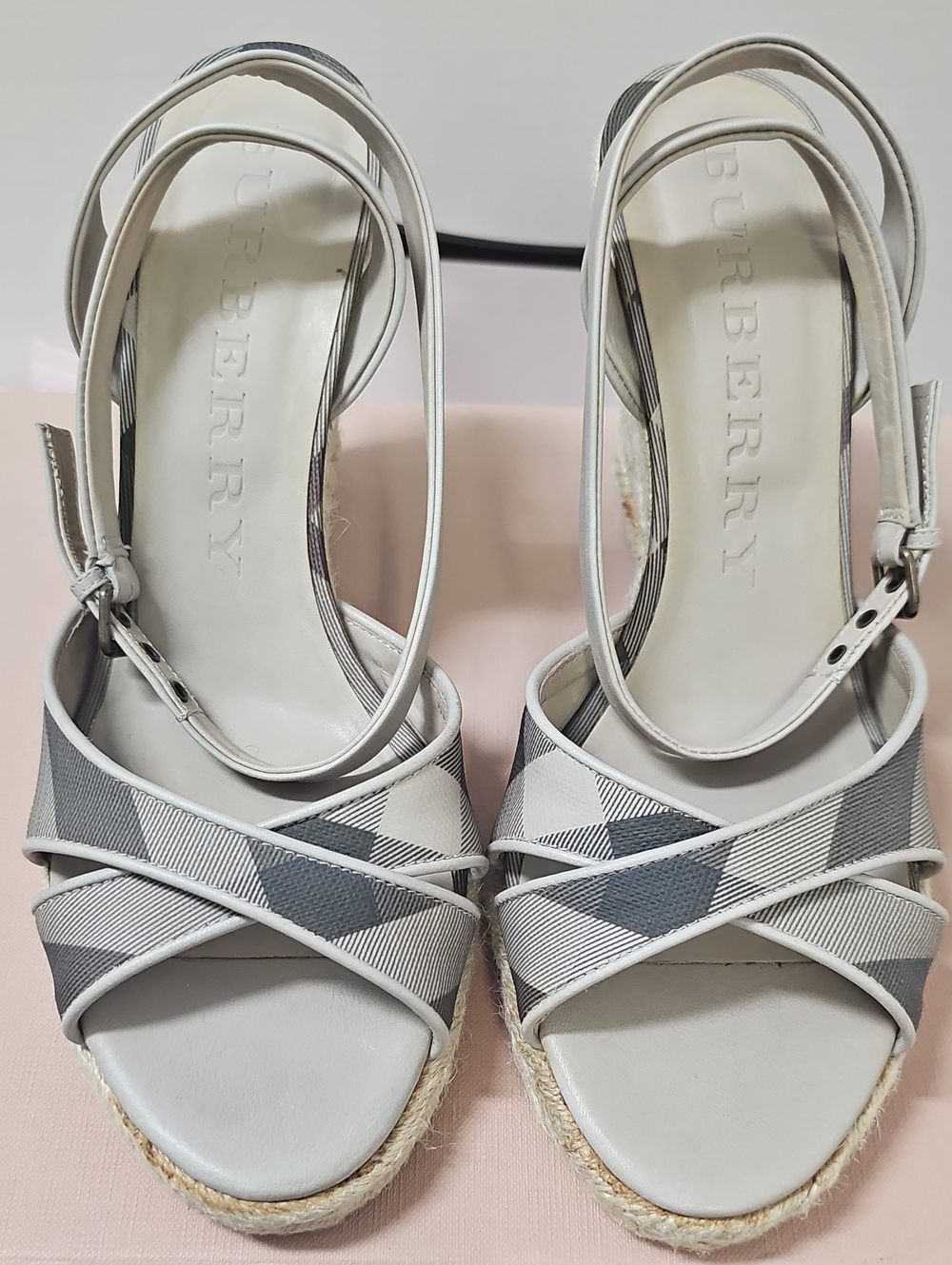 Burberry White & Gray Check Espadrille Wedge Sandals